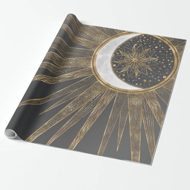 Elegant Gold Doodles Sun Moon Mandala Design Wrapping Paper (Unrolled)