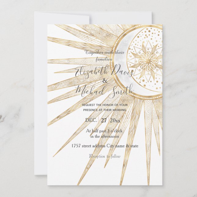 Elegant Gold Doodles Sun Moon Mandala Wedding Invitation (Front)