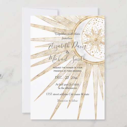 Elegant Gold Doodles Sun Moon Mandala Wedding Invitation