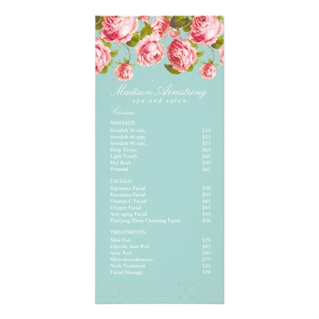 Elegant Gold Dots & Pink Roses Custom Spa Template Rack Card (Front)