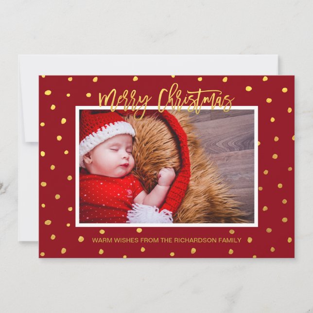 Elegant Gold Dots Red Merry Christmas Custom Photo Holiday Card (Front)