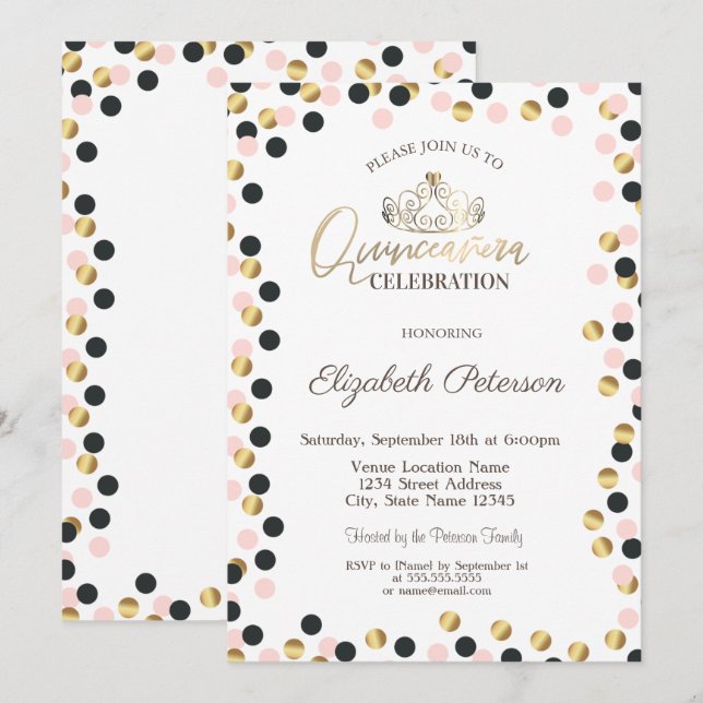 Elegant Gold Dots, Tiara, Quinceañera Invitation (Front/Back)