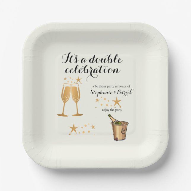 Elegant Gold Double Celebration Joint Birthday Paper Plates (Front)