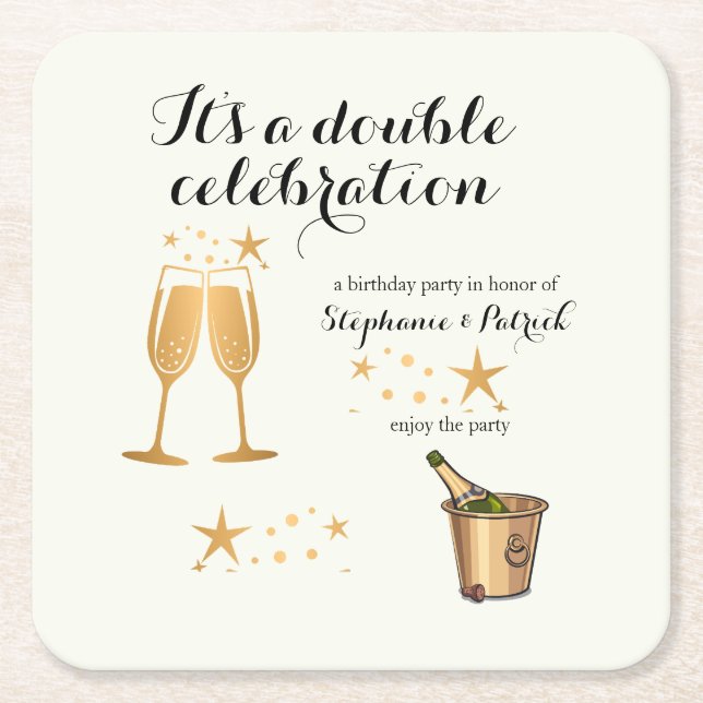 Elegant Gold Double Celebration Joint Birthday Square Paper Coaster (Front)