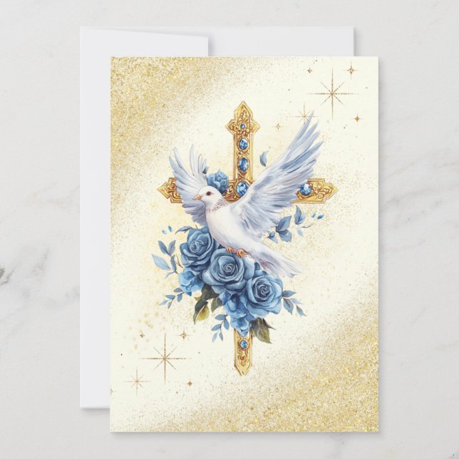 Elegant Gold Dove Blue Roses Baptism  Invitation (Back)
