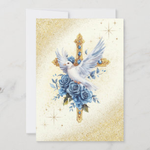 Elegant Gold Dove Blue Roses Baptism  Invitation