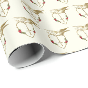 Elegant Gold Dove Holy Rosary Vintage Roses Wrapping Paper
