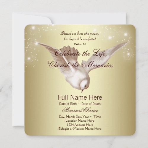 Elegant Gold Dove In Loving Memory Memorial Announcement