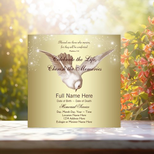 Elegant Gold Dove In Loving Memory Memorial Invitation