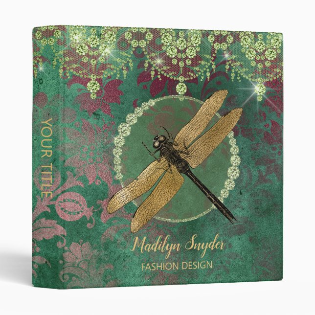 Elegant Gold Dragonfly on Green With Rhinestones 3 Ring Binder (Front/Spine)