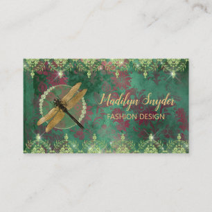 Elegant Gold Dragonfly on Green With Rhinestones Business Card