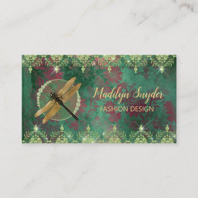Elegant Gold Dragonfly on Green With Rhinestones Business Card (Front)