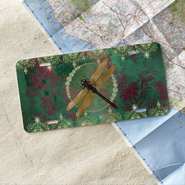 Elegant Gold Dragonfly on Green With Rhinestones License Plate (In Situ)