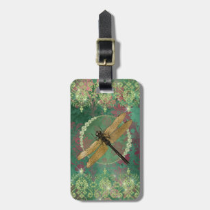 Elegant Gold Dragonfly on Green With Rhinestones Luggage Tag