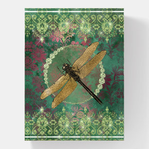 Elegant Gold Dragonfly on Green With Rhinestones Paperweight