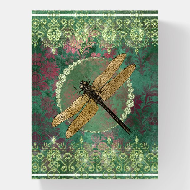 Elegant Gold Dragonfly on Green With Rhinestones Paperweight (Vertical)