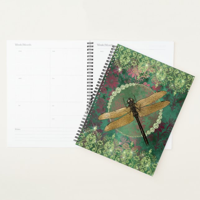 Elegant Gold Dragonfly on Green With Rhinestones Planner (Display)