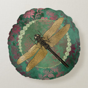 Elegant Gold Dragonfly on Green With Rhinestones Round Pillow