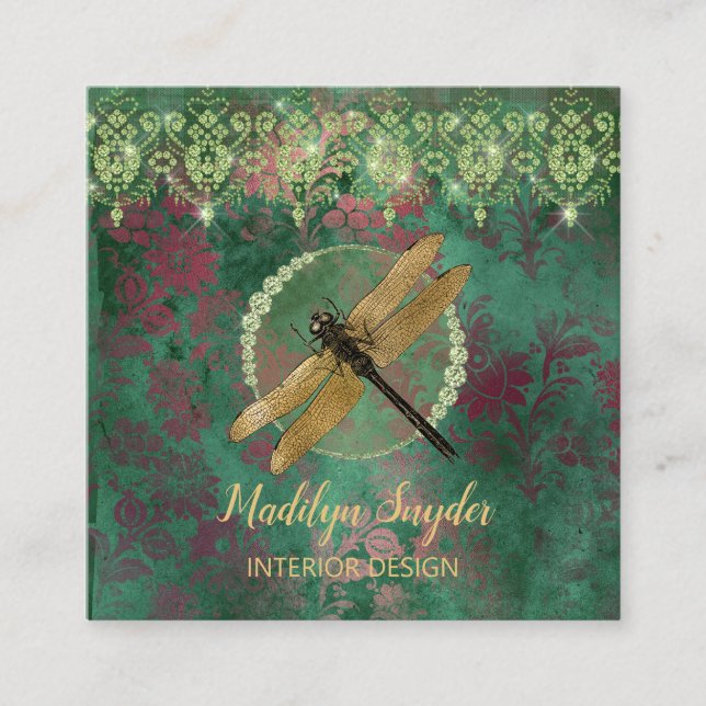 Elegant Gold Dragonfly on Green With Rhinestones Square Business Card (Front)