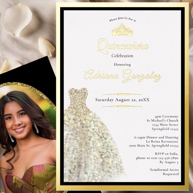 Elegant gold dress 15th birthday Quinceanera Foil Invitation (Creator Uploaded)