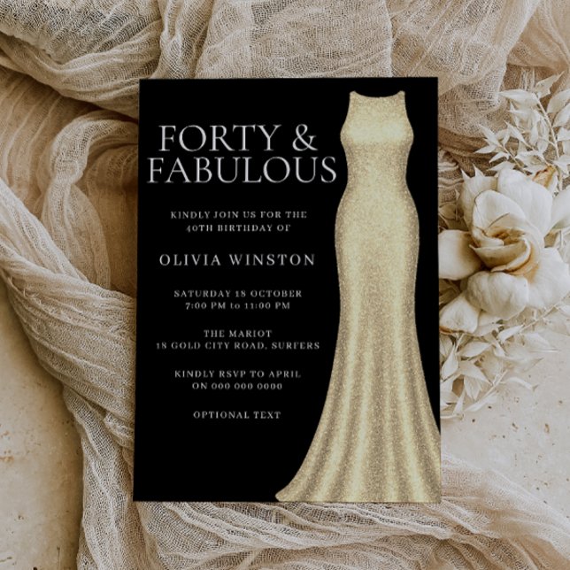 Elegant Gold Dress & Black Womans 40th Birthday Invitation (Creator Uploaded)