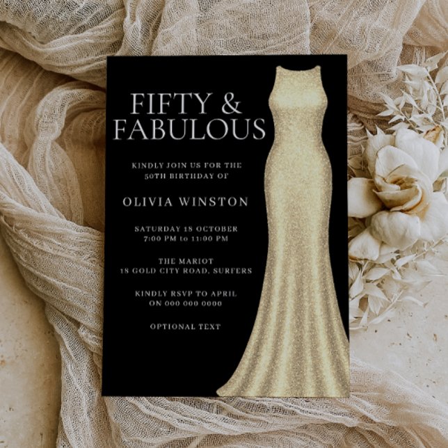 Elegant Gold Dress & Black Womans 50th Birthday Invitation (Creator Uploaded)