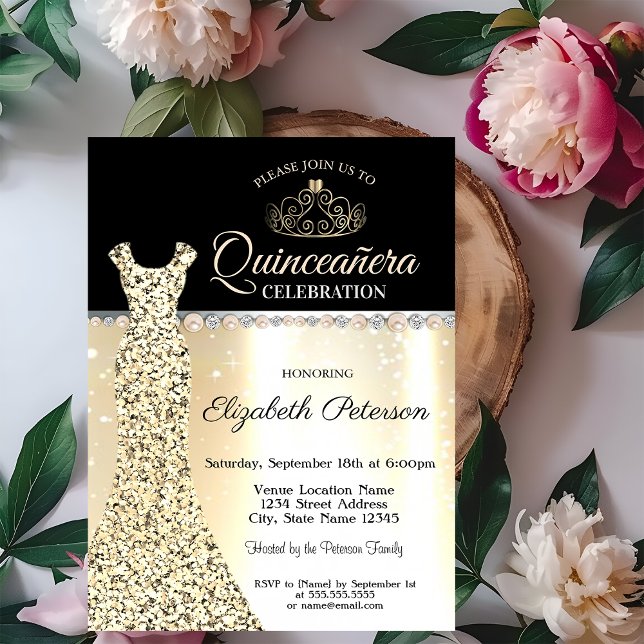 Elegant Gold Dress,Diamonds Pearls Quinceañera Invitation (Creator Uploaded)