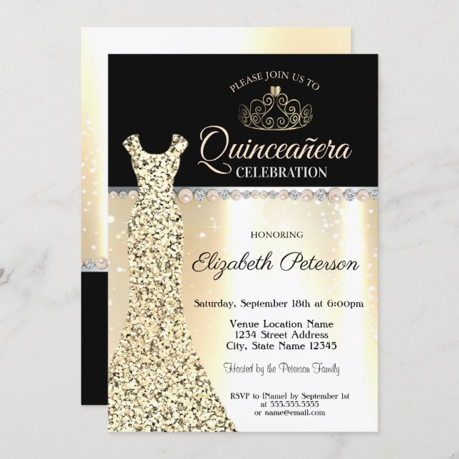 Elegant Gold Dress,Diamonds Pearls Quinceañera Invitation (Front/Back)