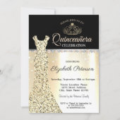 Elegant Gold Dress,Diamonds Pearls Quinceañera Invitation (Front)