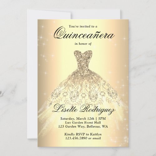 Elegant Gold Dress Quinceanera Invitation