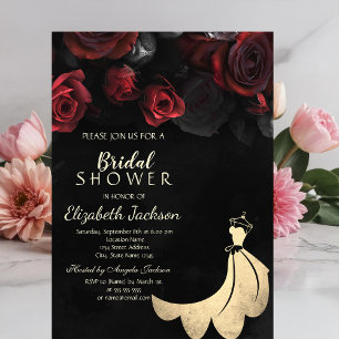 Elegant Gold Dress Red Roses Black Bridal Shower Invitation