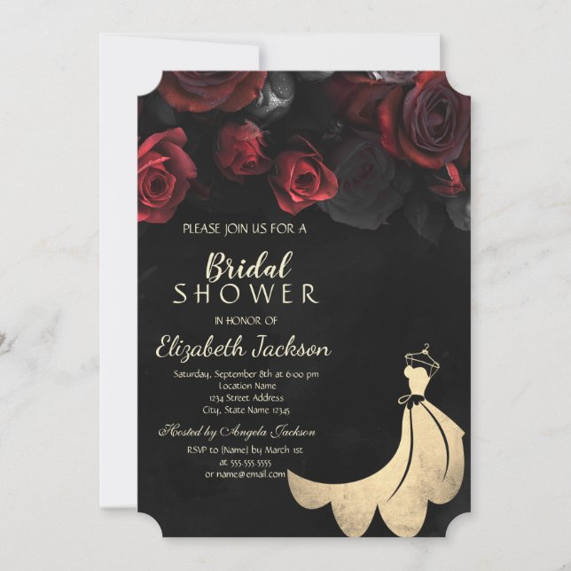 Elegant Gold Dress Red Roses Black Bridal Shower  Invitation (Front)