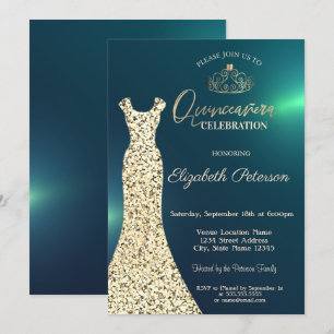 Elegant Gold Dress, Tiara Green Quinceañera Invitation