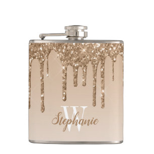 Elegant Gold Dripping Faux Glitter Monogram Flask