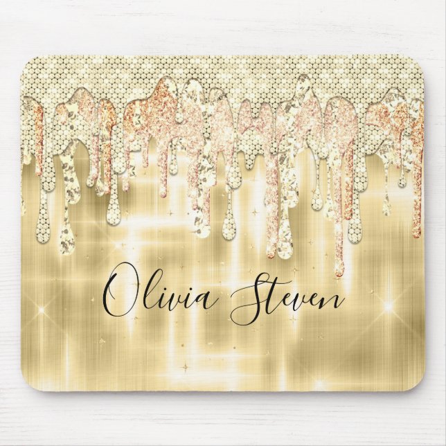 Elegant gold dripping glitter monogram mouse pad (Front)