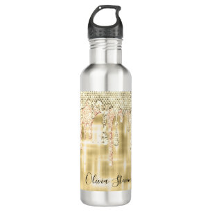 Elegant gold dripping glitter monogram stainless steel water bottle