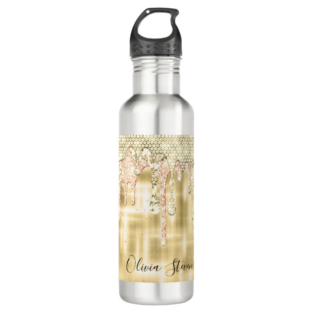 Elegant gold dripping glitter monogram stainless steel water bottle (Front)