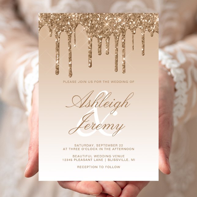 Elegant Gold Dripping Glitter Script Wedding Invitation (Creator Uploaded)
