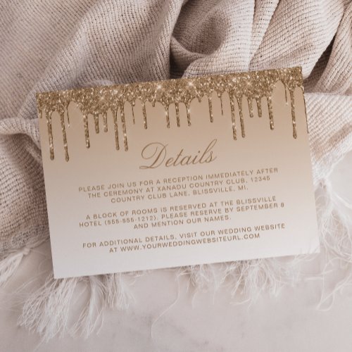 Elegant Gold Dripping Glitter Wedding Details Enclosure Card