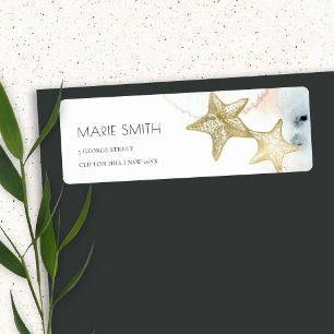 ELEGANT GOLD DUSKY BLUE BEACHY STARFISH ADDRESS LABEL