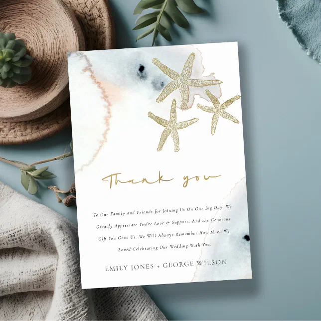 ELEGANT GOLD DUSKY BLUE BEACHY STARFISH WEDDING THANK YOU CARD | Zazzle