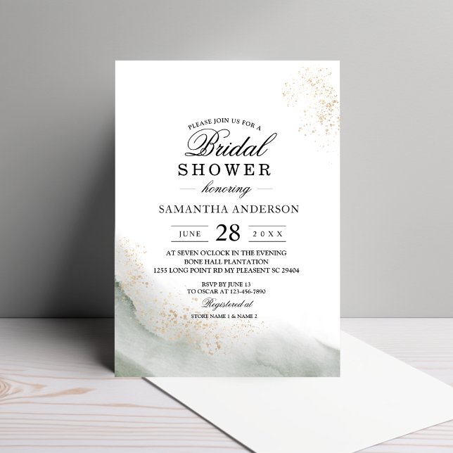 Elegant Gold Dust & Sage Green Bridal Shower Invitation (Creator Uploaded)