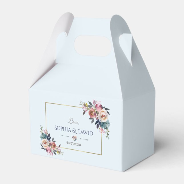 Elegant Gold Dusty Blue Pink Floral Wedding Favor Boxes (Front Side)