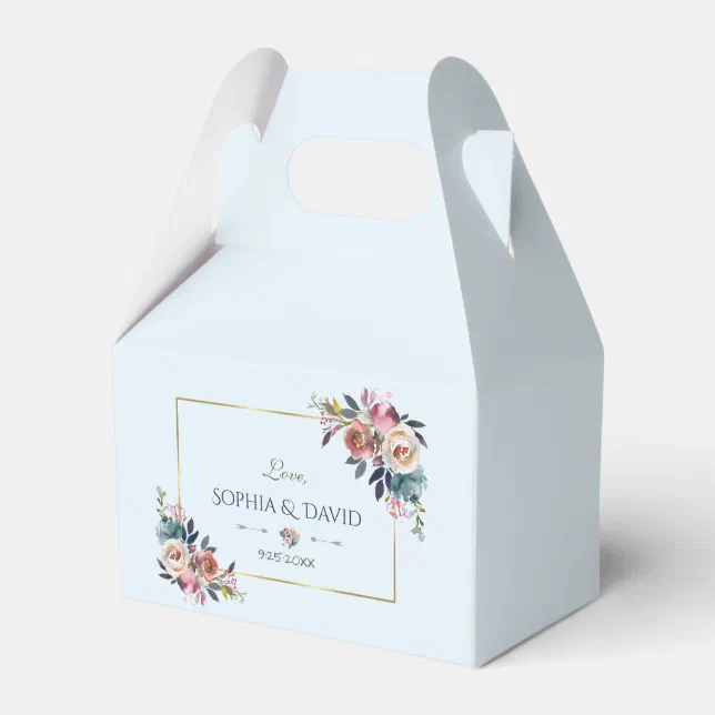 Elegant Gold Dusty Blue Pink Floral Wedding Favor Boxes | Zazzle
