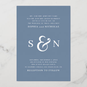 Elegant gold dusty blue typography details wedding foil invitation