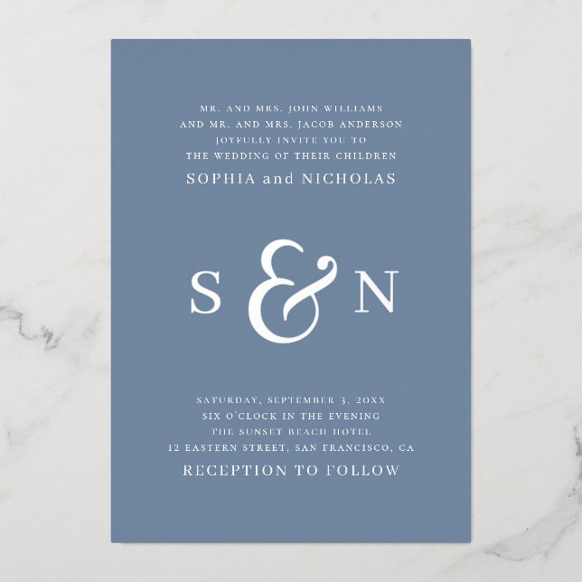 Elegant gold dusty blue typography details wedding foil invitation (Front)