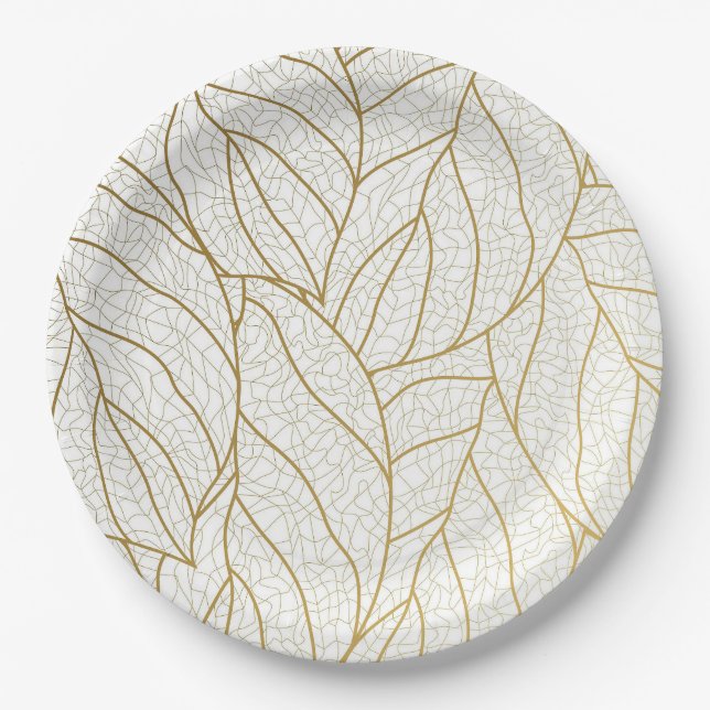 Elegant gold earthy leaf delight paper plates (Front)