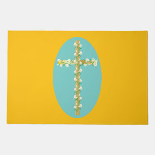 Elegant Gold Easter Cross with White Lilies Doormat