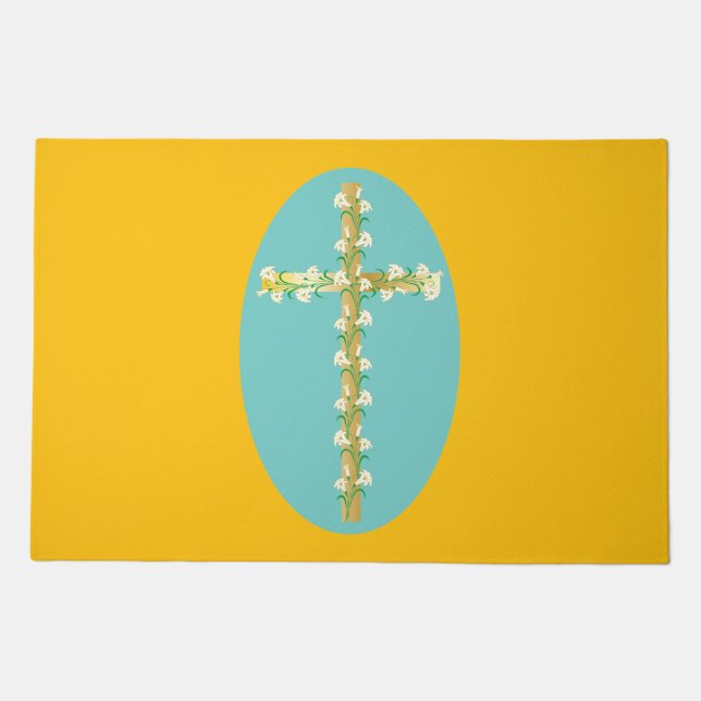 Elegant Gold Easter Cross with White Lilies Doormat (Front)