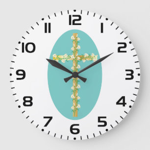 Elegant Gold Easter Cross with White Lilies Large Clock